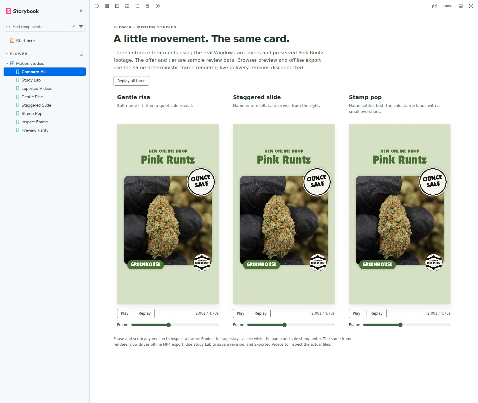Actual Storybook interface comparing Gentle rise, Staggered slide and Stamp pop motion studies for the Pink Runtz Window card