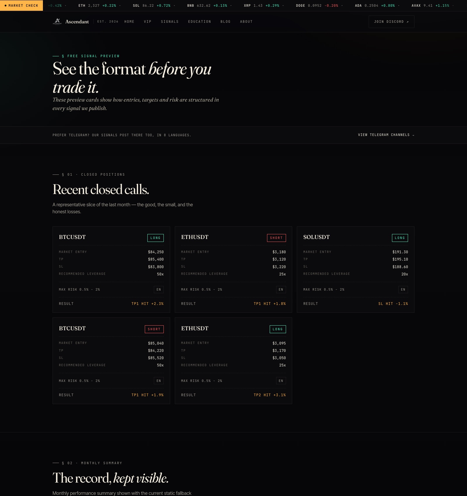 Free signal preview page showing recent closed position cards and monthly summary metrics