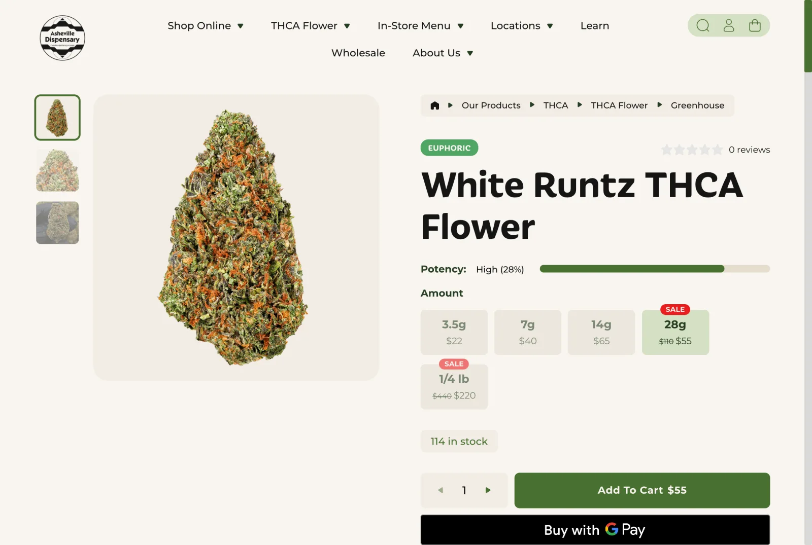 White Runtz product page on the Asheville Dispensary store, with a gallery of three images, a Greenhouse breadcrumb, sale pricing, and stock count