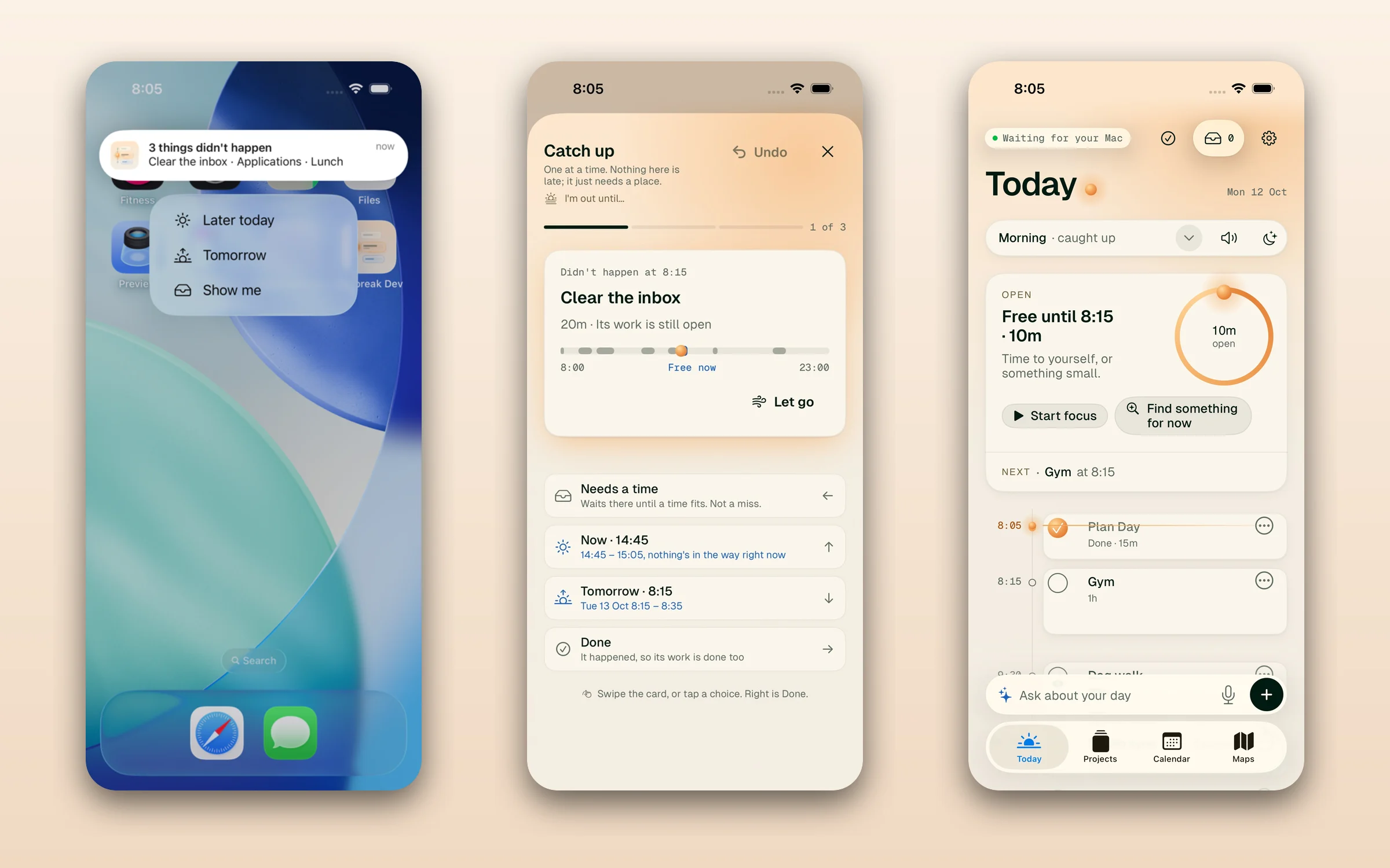 A check-in notification with Later today, Tomorrow and Show me, the Catch up card for a missed block, and Today with the morning caught up