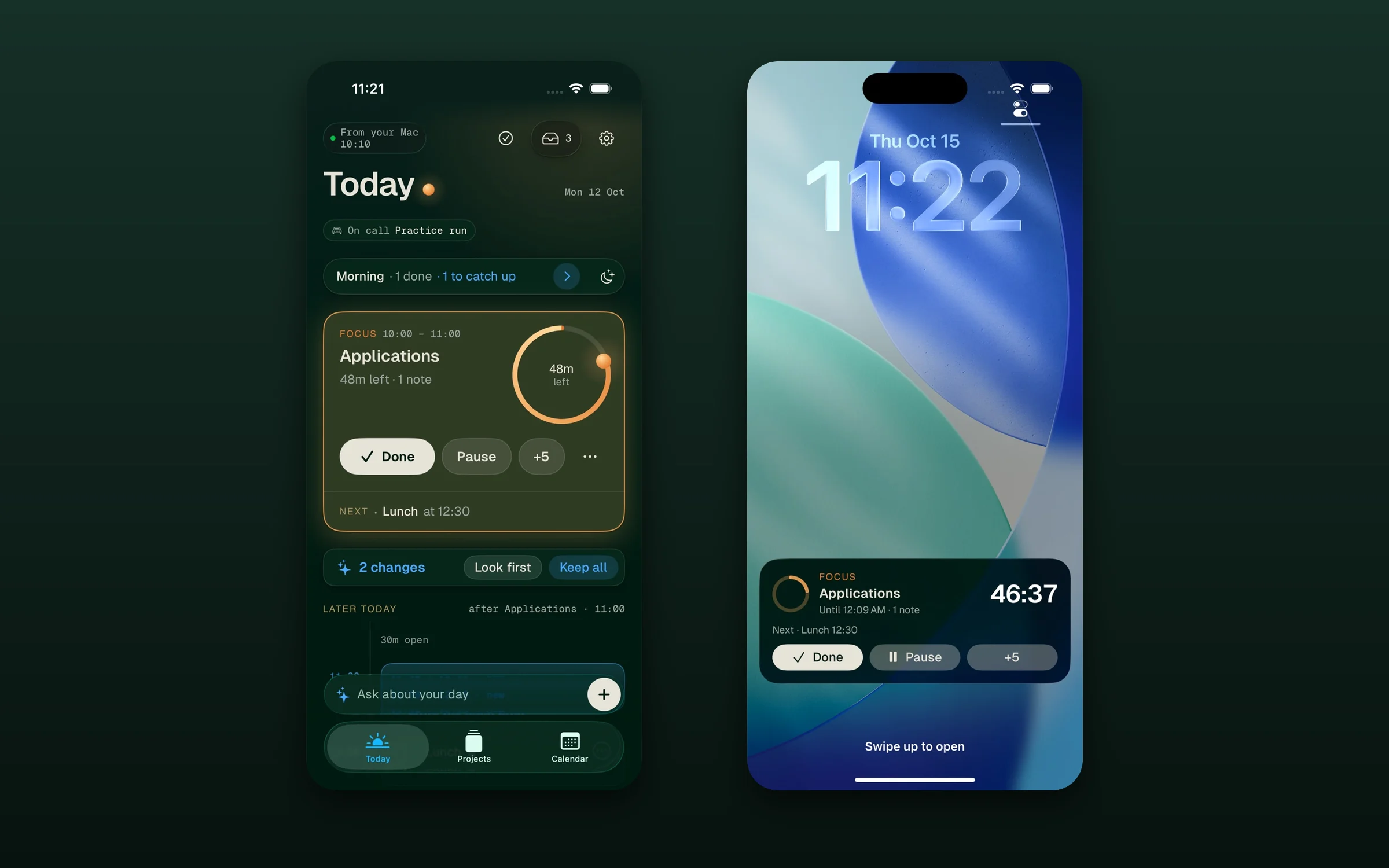 The Now card in ink with a focus session running, and the iPhone lock screen with a Focus Live Activity showing 46:37 left