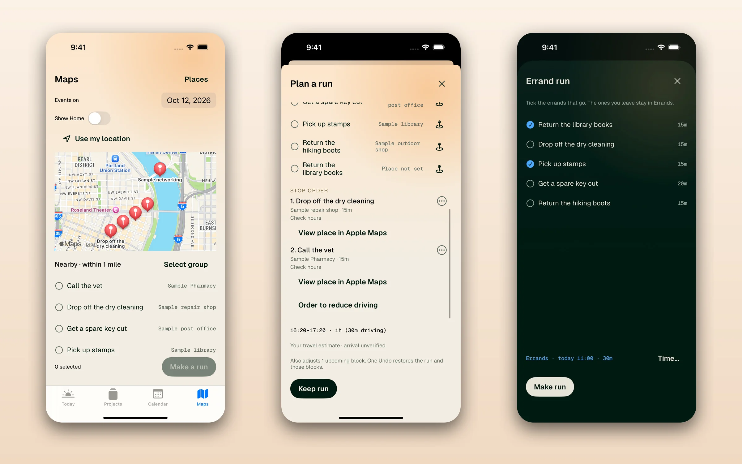 The Maps tab with nearby errands, a run's stop order with a driving estimate, and the errand run picker in ink