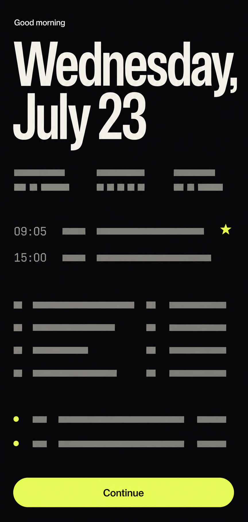 Daybreak visual exploration for a bold morning report with large date typography and a bright continue action