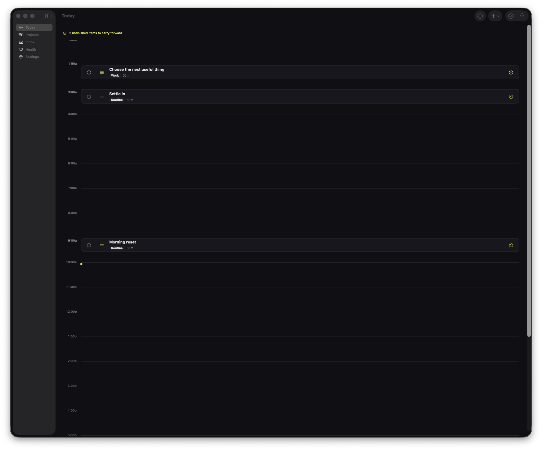 Daybreak timeline with a current-time marker and generic scheduled blocks