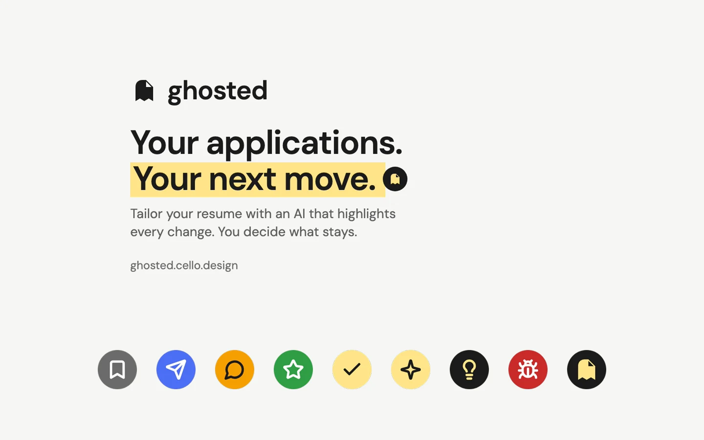The Ghosted link-preview card ('Your applications. Your next move.' with the second line highlighted in yellow, and 'Tailor your resume with an AI that highlights every change. You decide what stays.') above a row of nine round Discord emoji: saved, applied, interviewing, offer, keep, shipped, idea, bug, and the ghost