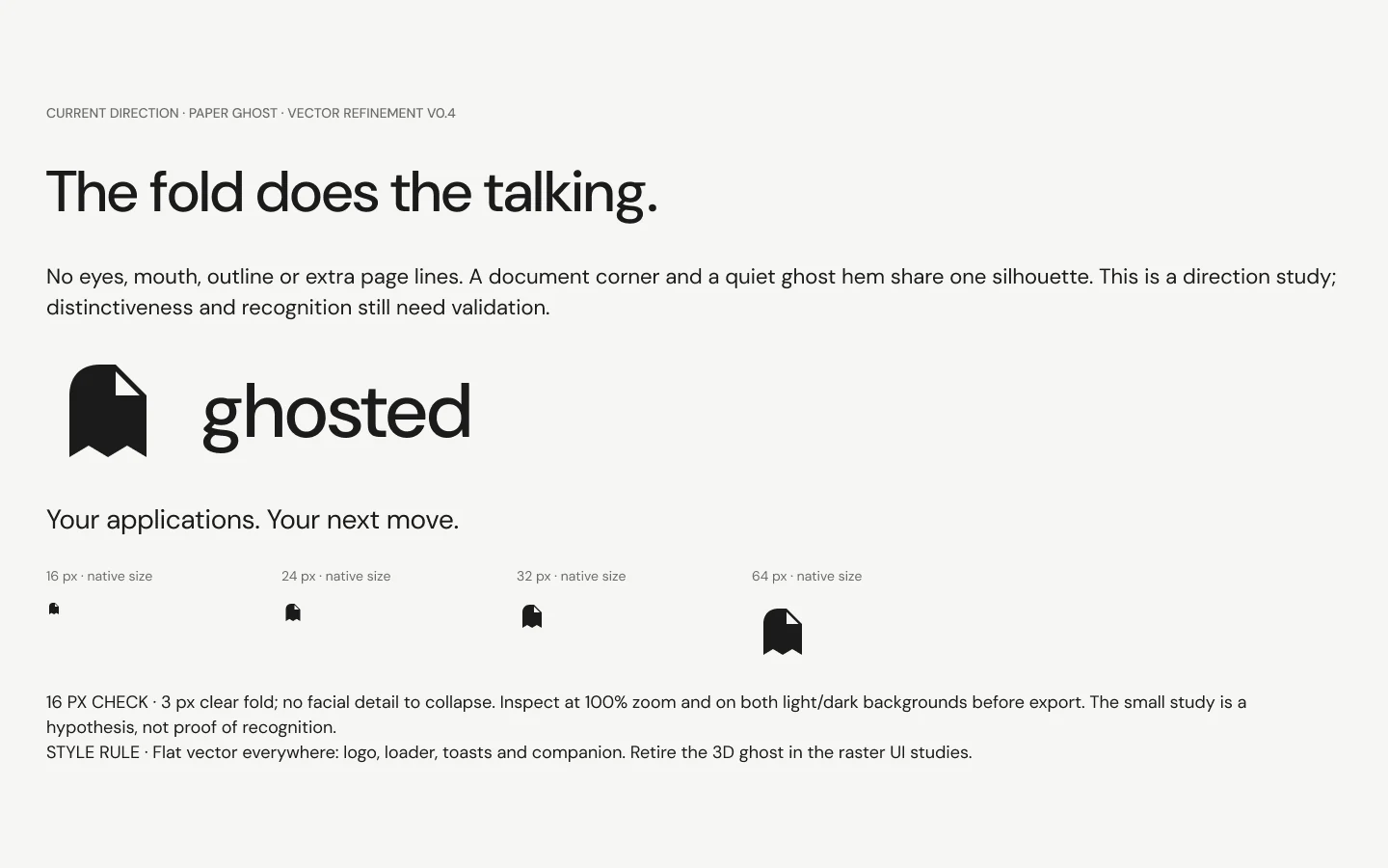 The refined Paper Ghost mark beside the 'ghosted' wordmark and the line 'Your applications. Your next move.', with the mark at 16, 24, 32 and 64 px