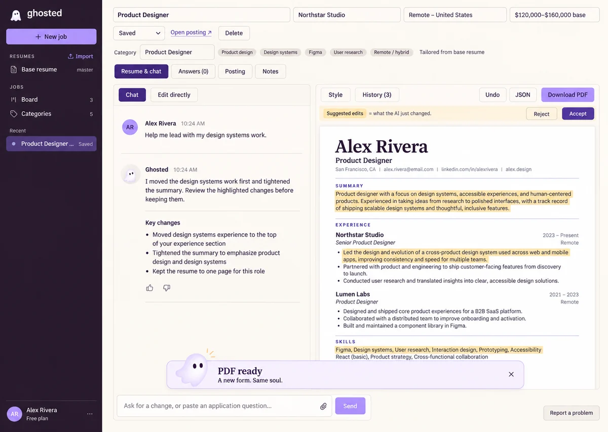 AI-generated layout concept 'Curtain Call': a purple-accented workspace with key changes listed in the chat