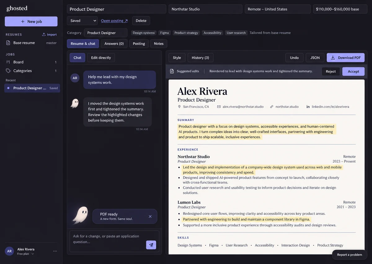 AI-generated layout concept 'Margin Companion' in dark mode: the chat as a margin beside a cream resume page