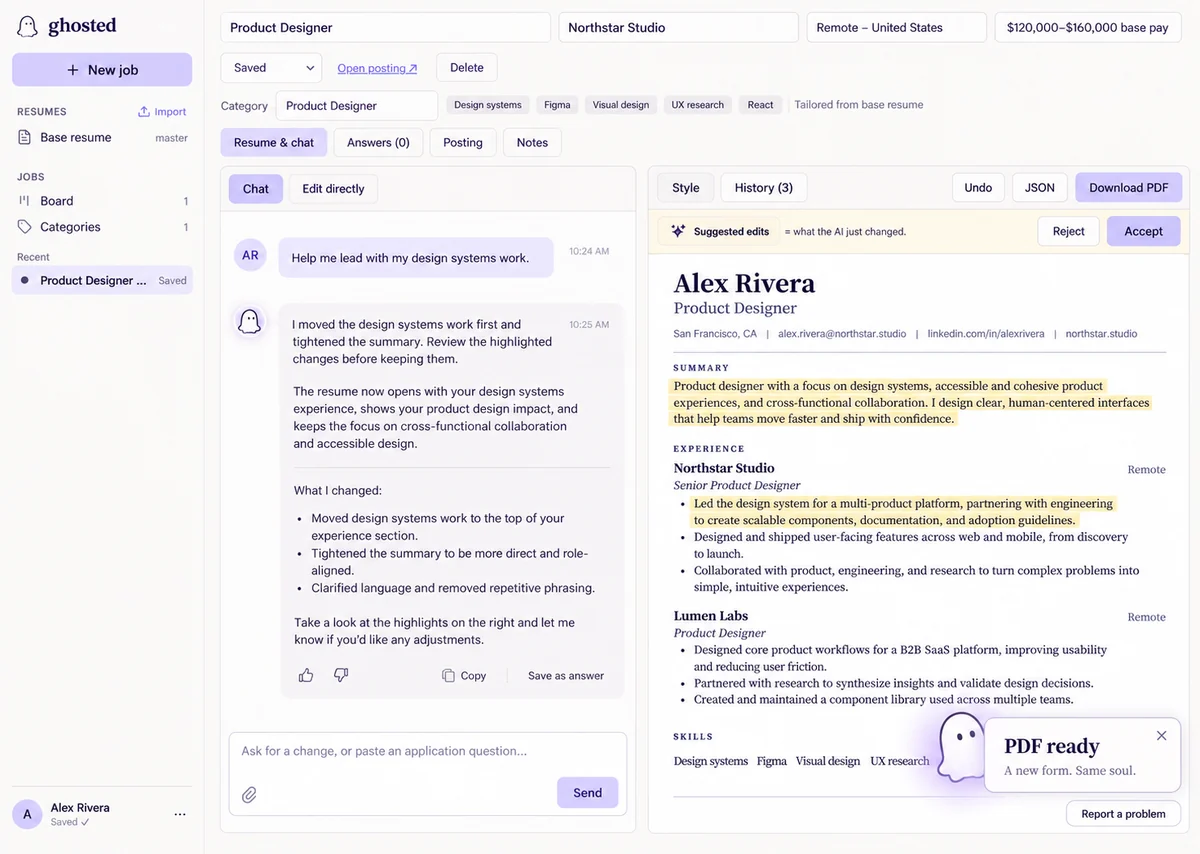 AI-generated layout concept 'Pocket Ghost': the job workspace with a ghost avatar in the chat and a PDF-ready toast