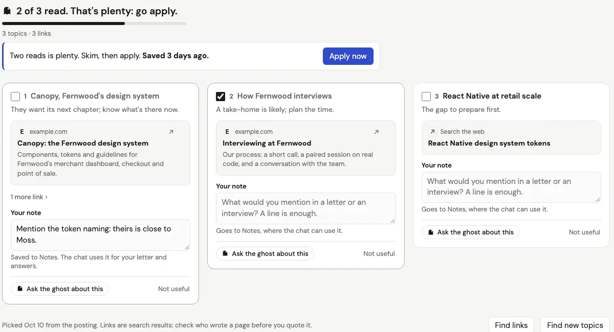 The Research tab after the move: one blue Apply now button, Find links and Find new topics as secondary buttons, and three cards, each with a labelled 'Your note' field and a hint under it