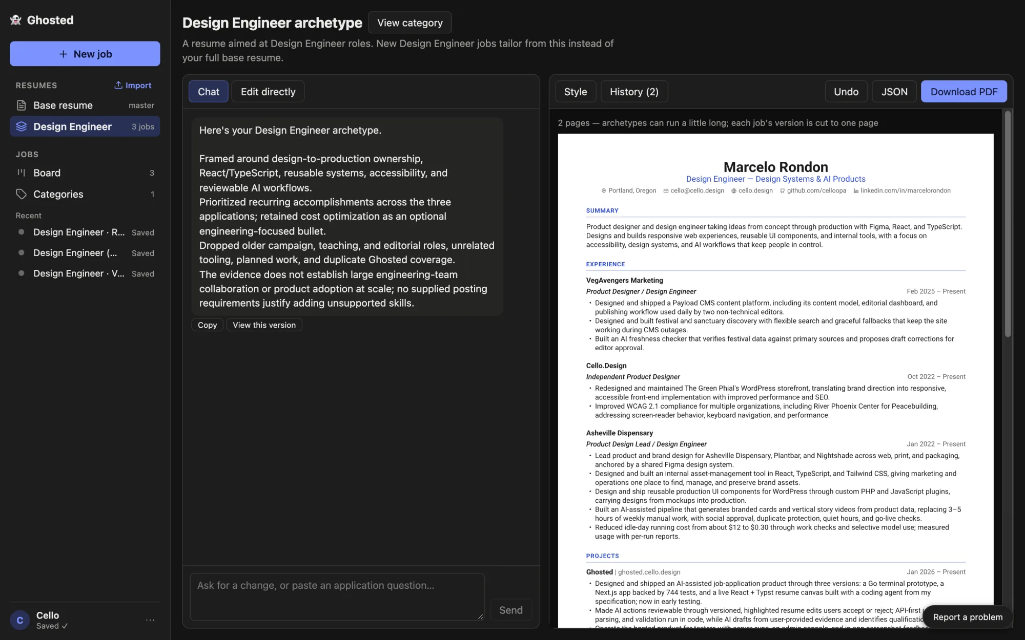 The Design Engineer archetype resume with notes on what it prioritized, what it dropped, and what the evidence doesn't support