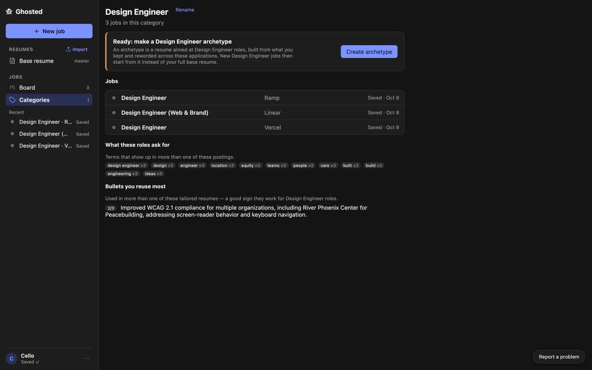 Design Engineer category page with three jobs from Ramp, Linear and Vercel, recurring posting terms, and a bullet reused in two of three tailored resumes