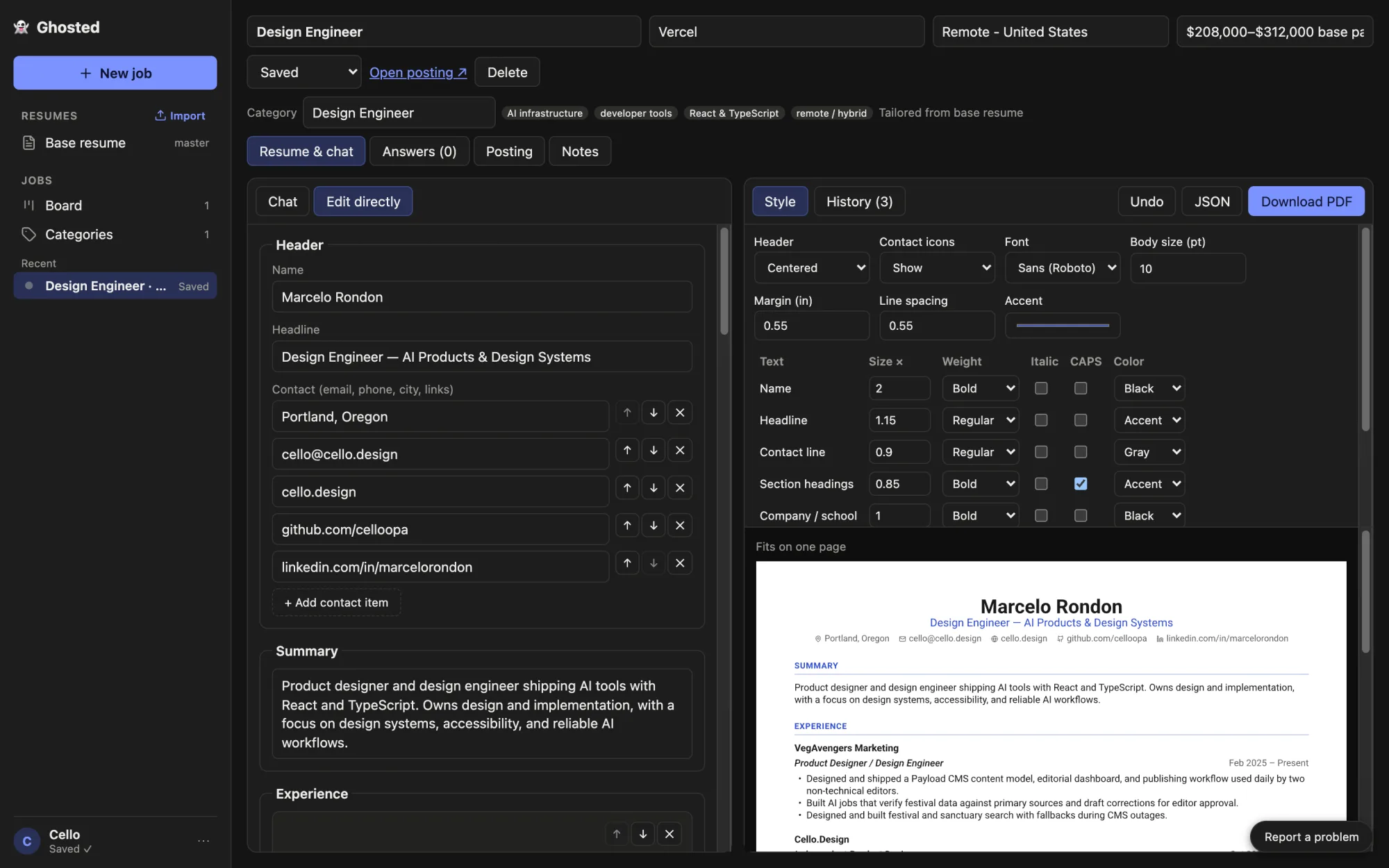 The edit form on the left with header fields and contact items, and the Style panel on the right with per-element size, weight and color controls above a centered resume header