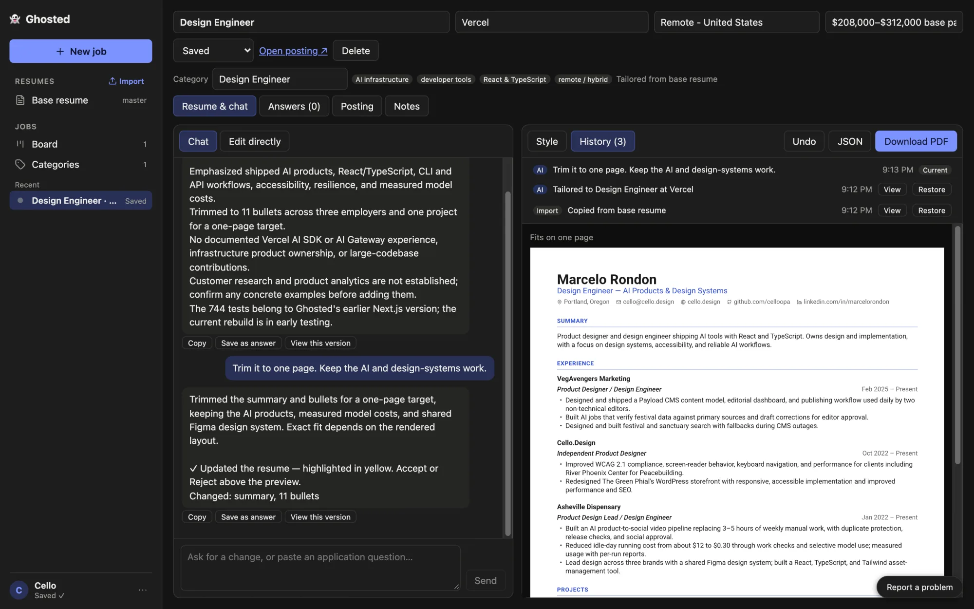 History panel listing three versions: imported from the base resume, tailored to Vercel by the AI, and trimmed by the AI on request