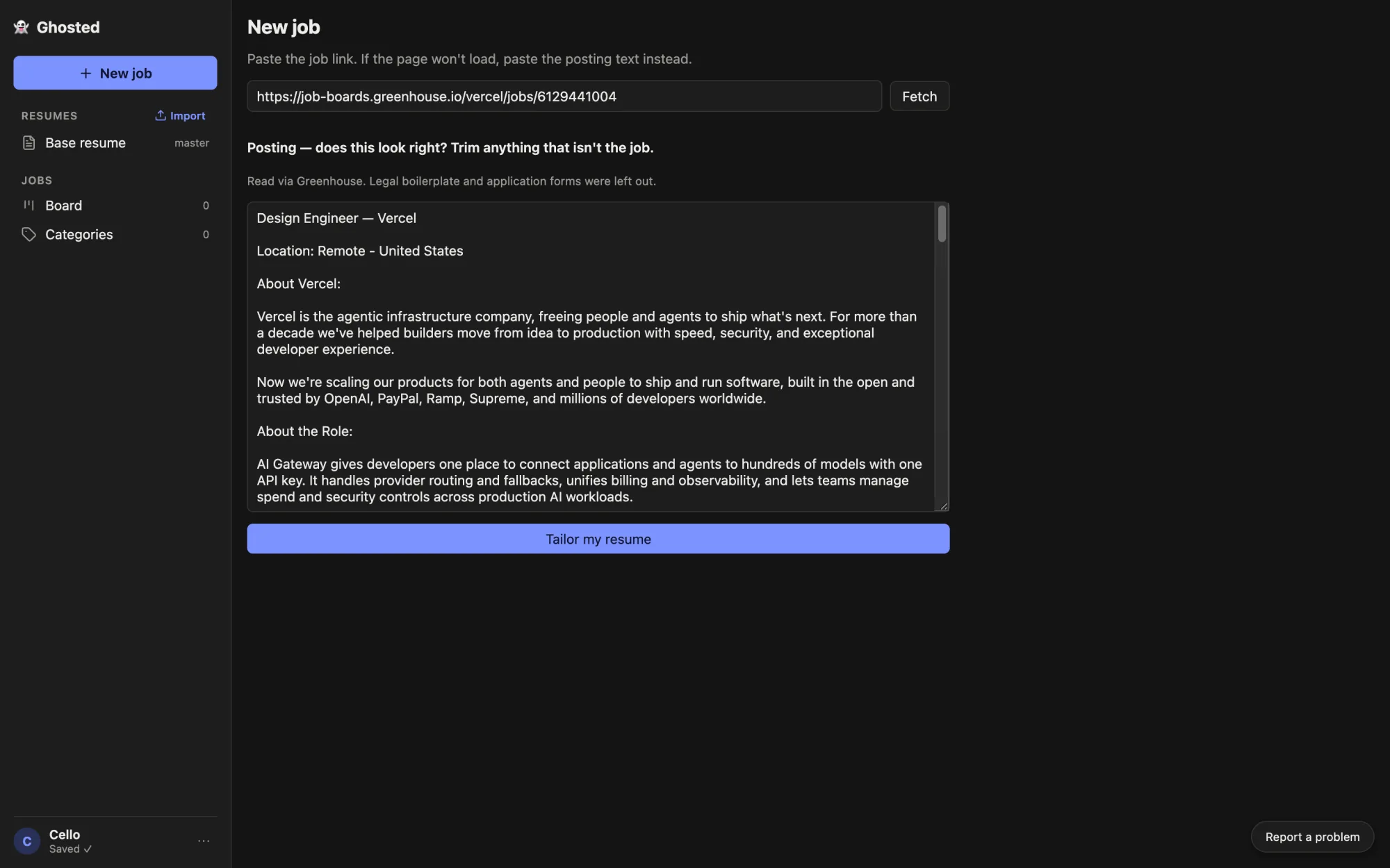 New job screen with a Vercel Greenhouse link fetched, showing the trimmed posting text and a note that legal boilerplate and application forms were left out