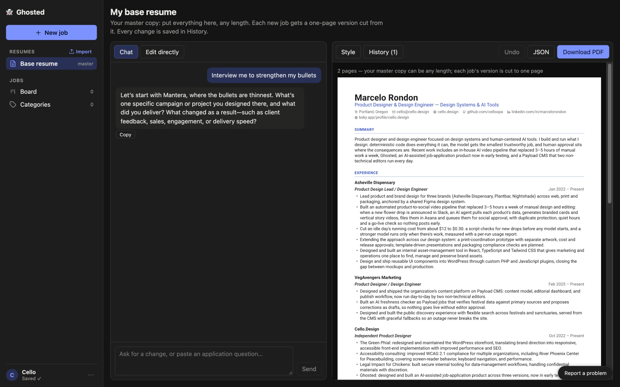 Ghosted's base resume screen: the chat asks a specific question about one job's thin bullets while the live resume preview sits on the right
