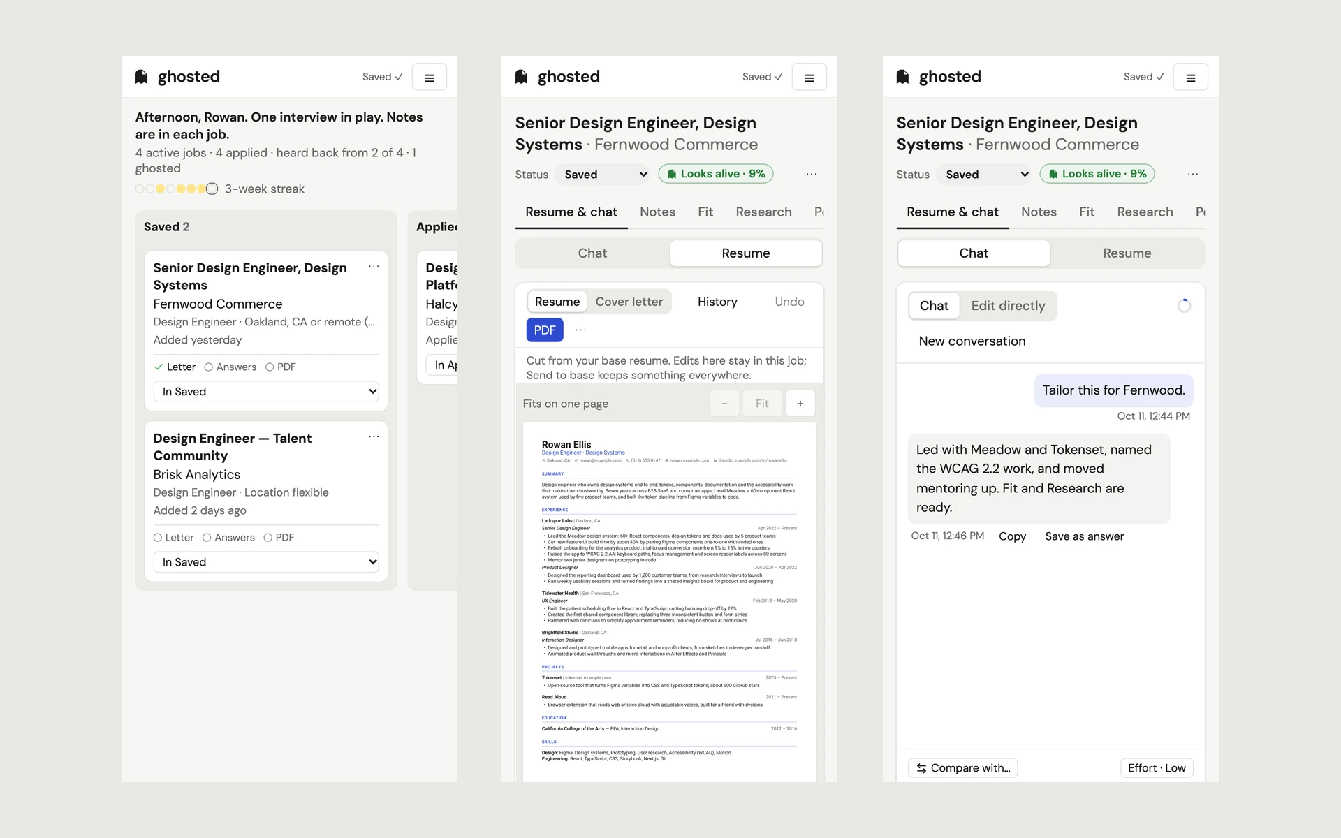 Three phone screens side by side: the board with a summary line and a 'Move to' menu on each card; a job's resume view with the page starting high on the screen; and the same job's chat, with the request to tailor it and the reply