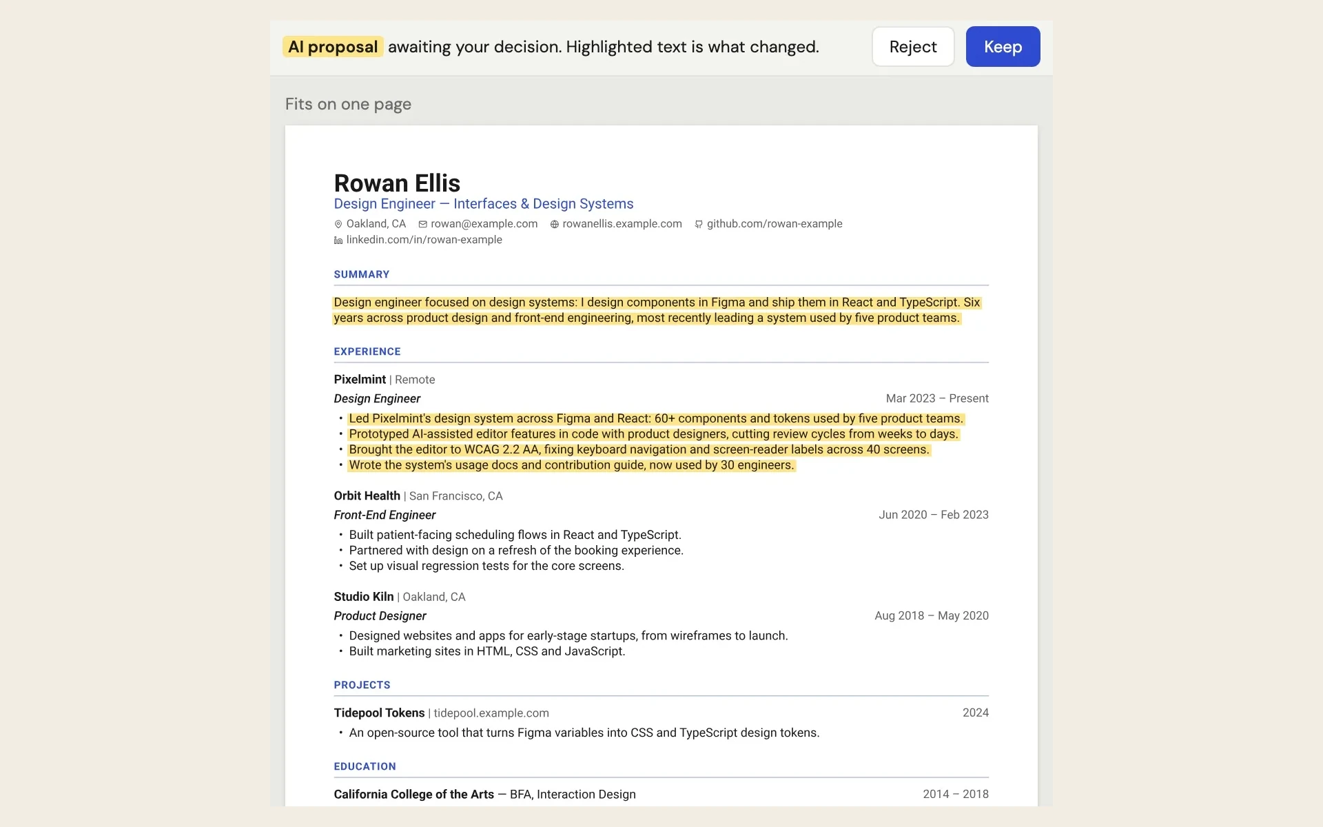 A live resume under a bar reading 'AI proposal awaiting your decision. Highlighted text is what changed.' with Reject and Keep buttons. The new summary and four bullets are highlighted in yellow