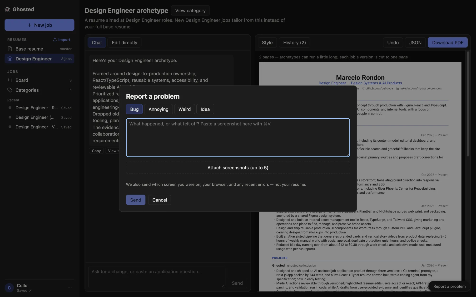 Report a problem dialog with Bug, Annoying, Weird and Idea options, a note field and screenshot attachments