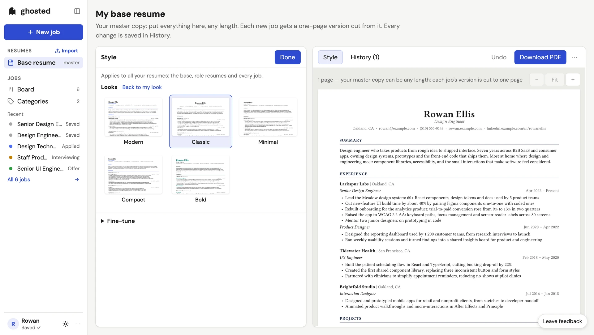 The base resume with Style open: a Looks grid of five thumbnails (Modern, Classic, Minimal, Compact, Bold), each rendered from the actual resume, with Classic selected and a 'Back to my look' link. The live preview on the right is restyled in Classic's centered serif