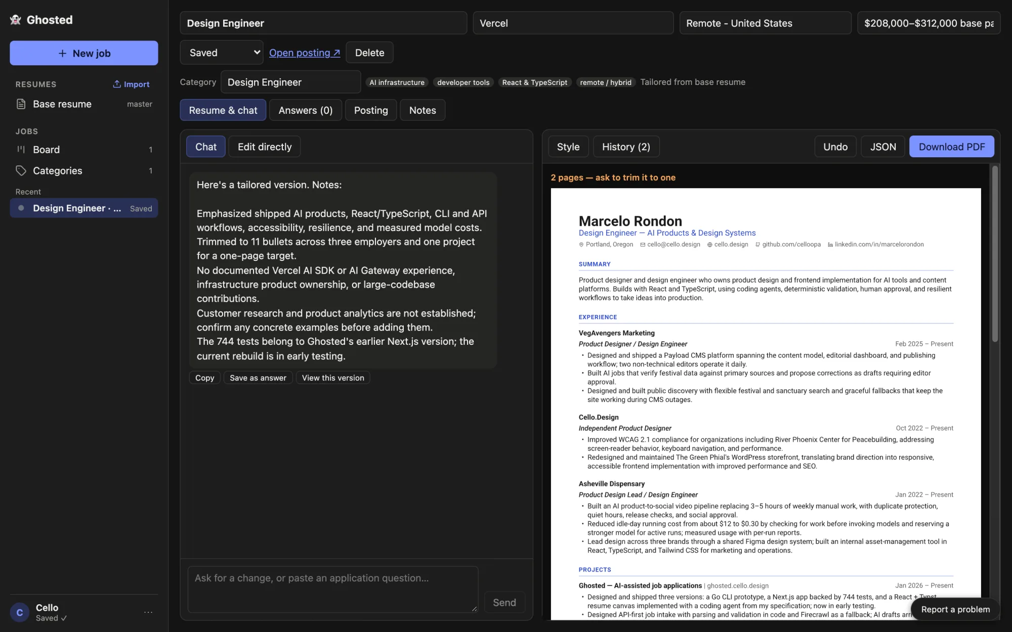 Tailoring notes in the chat listing what was emphasized and the gaps the resume can't support, such as no Vercel AI SDK experience