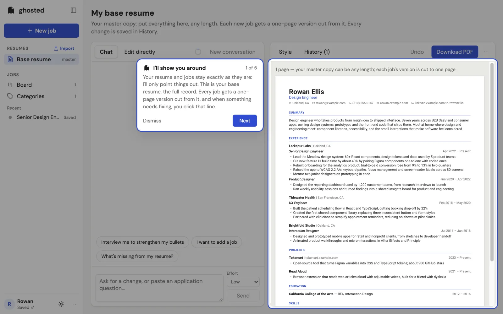 The base resume with the walkthrough running: the screen is dimmed except the resume, which sits in a cutout with a blue ring. The ghost's card reads 'I'll show you around, 1 of 5: Your resume and jobs stay exactly as they are: I'll only point things out. This is your base resume, the full record. Every job gets a one-page version cut from it, and when something needs fixing, you click that line.' with Dismiss and Next