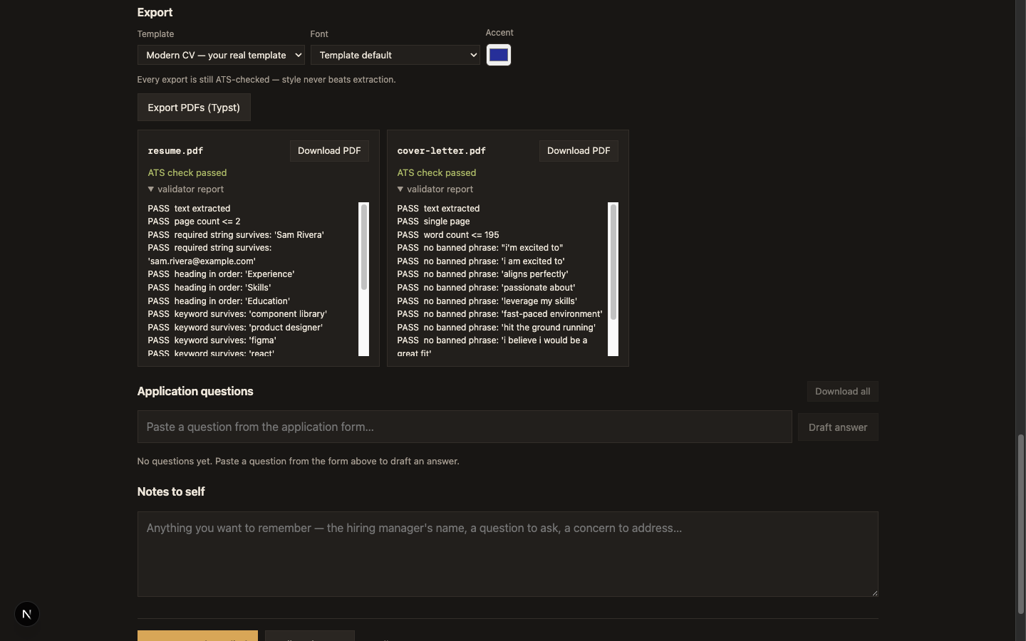 ATS validation output confirming the extracted text preserved the resume content