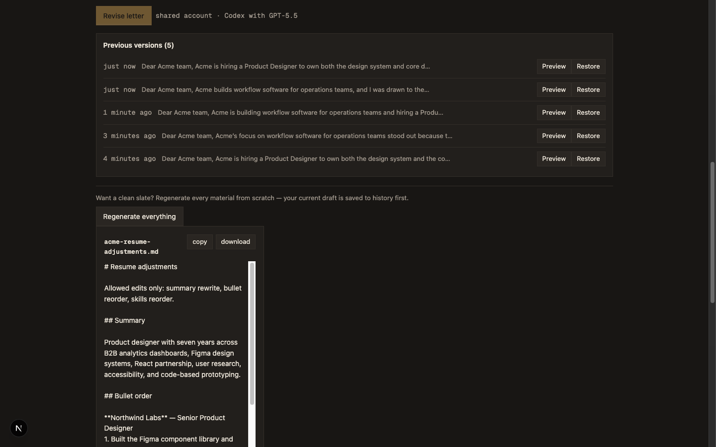 Draft history open: Previous versions (5), each with preview and restore