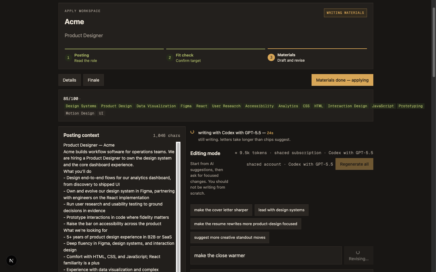 Generation status ticker reading: writing with Codex with GPT-5.5, with elapsed seconds and a dry sub-line