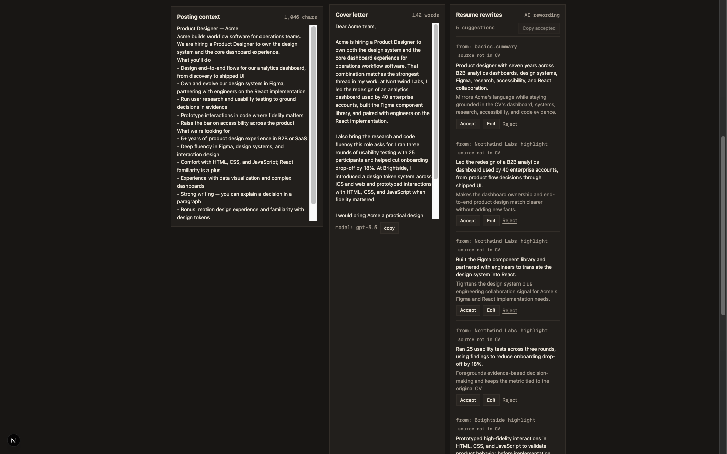 The materials workspace: posting context, cover letter, and resume rewrite triage side by side