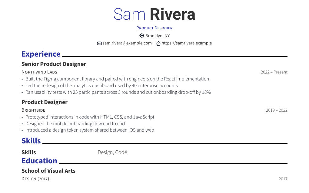 First page of the exported resume PDF in the modern-cv template