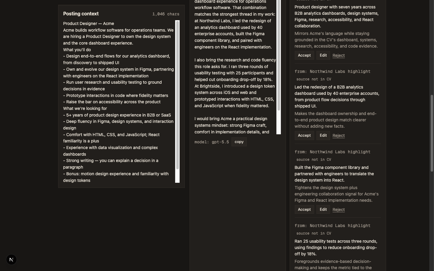 Resume rewrite suggestions with accept, edit, and reject controls and 'source not in CV' honesty flags