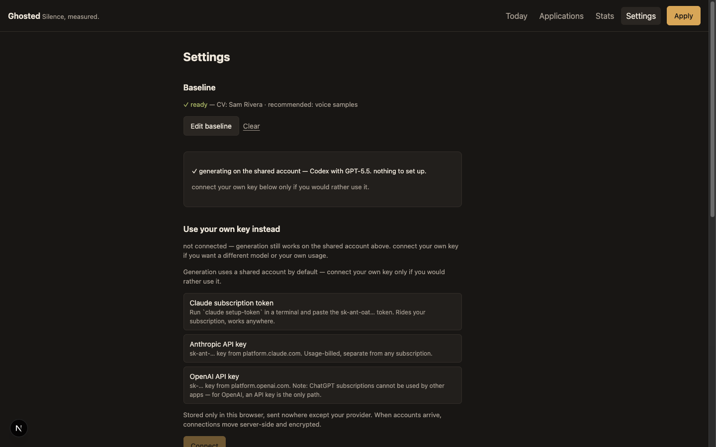 Settings page showing the shared account card: generating on the shared account, nothing to set up