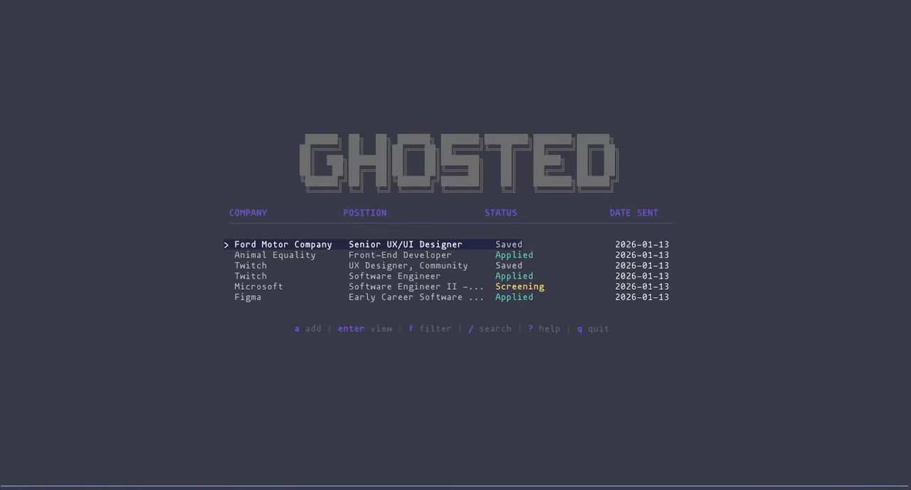 The original Ghosted TUI application list in a terminal