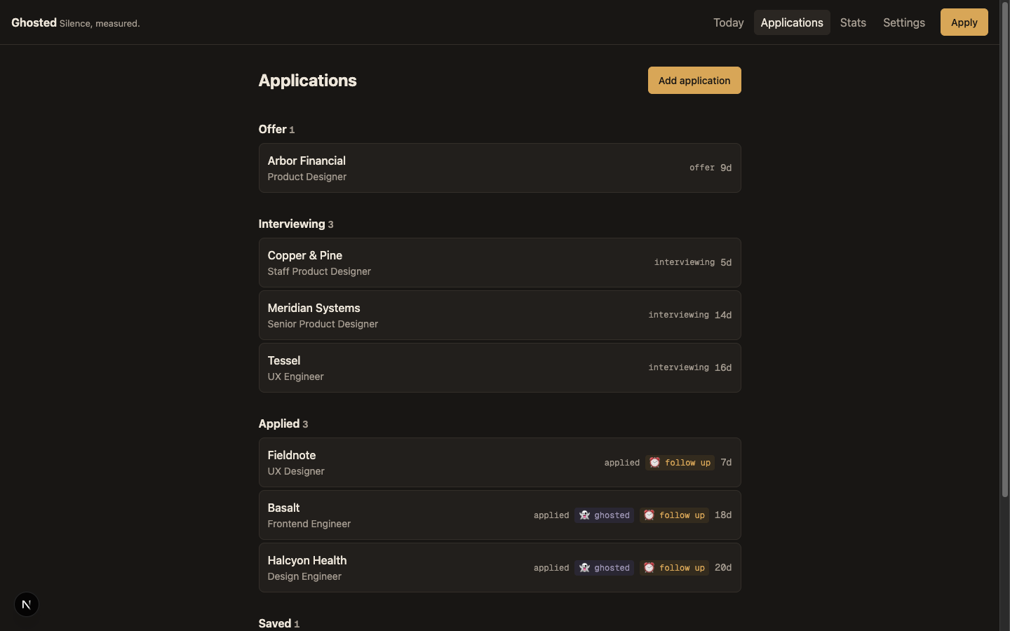 The Ghosted web application list grouped by status, with derived ghosted and follow-up chips